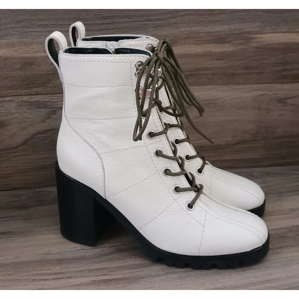 New PAIGE Christie Ivory Pebbled Leather Lace Up Combat Boot Block Heel Sz 6